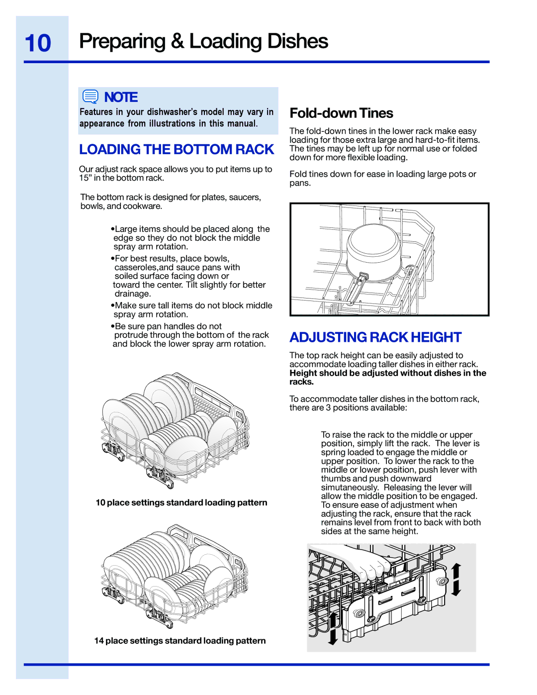 Electrolux 154743901 manual Loading the Bottom Rack, Fold-down Tines, Adjusting Rack Height 