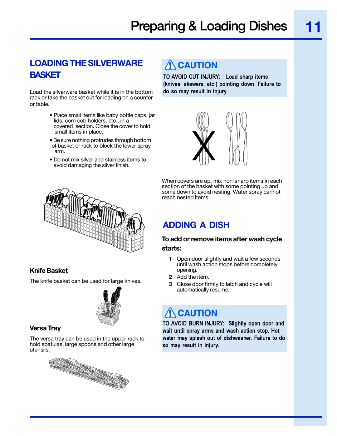 Electrolux 154743901 manual Loading the Silverware Basket, Adding a Dish, Knife Basket, Versa Tray 