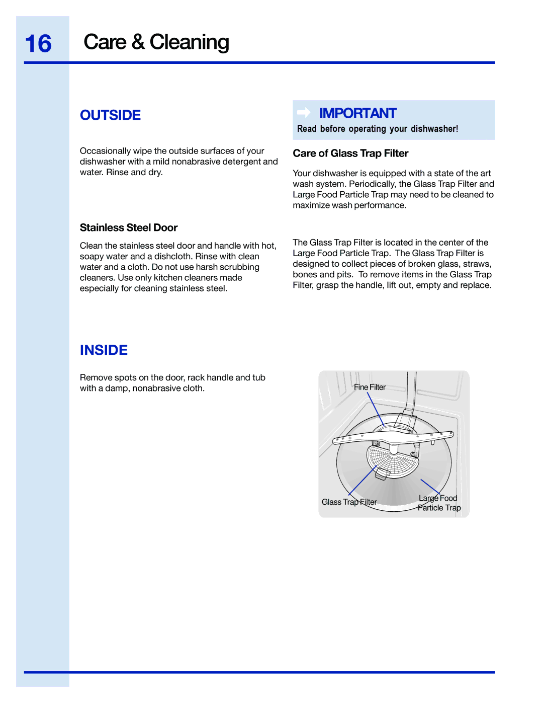 Electrolux 154743901 manual Care & Cleaning, Outside, Inside, Care of Glass Trap Filter, Stainless Steel Door 