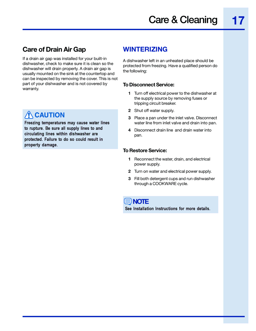 Electrolux 154743901 manual Care of Drain Air Gap, Winterizing, To Disconnect Service, To Restore Service 