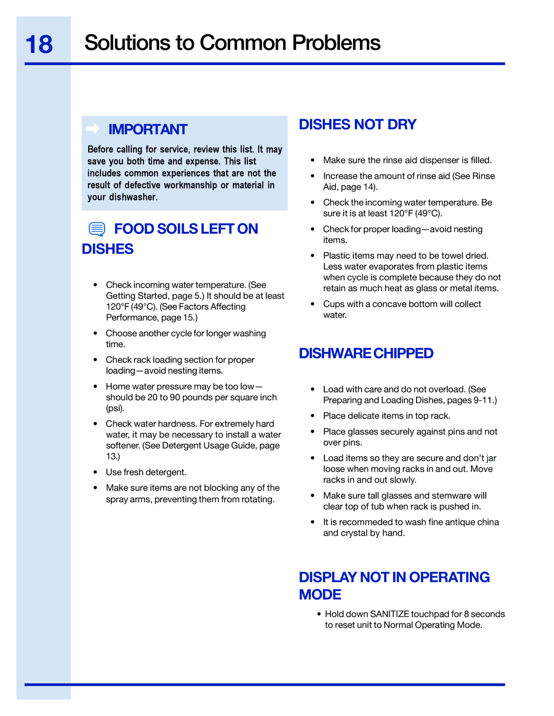 Electrolux 154743901 manual Solutions to Common Problems, Food Soils Left on Dishes, Dishes not DRY, Dishwarechipped 