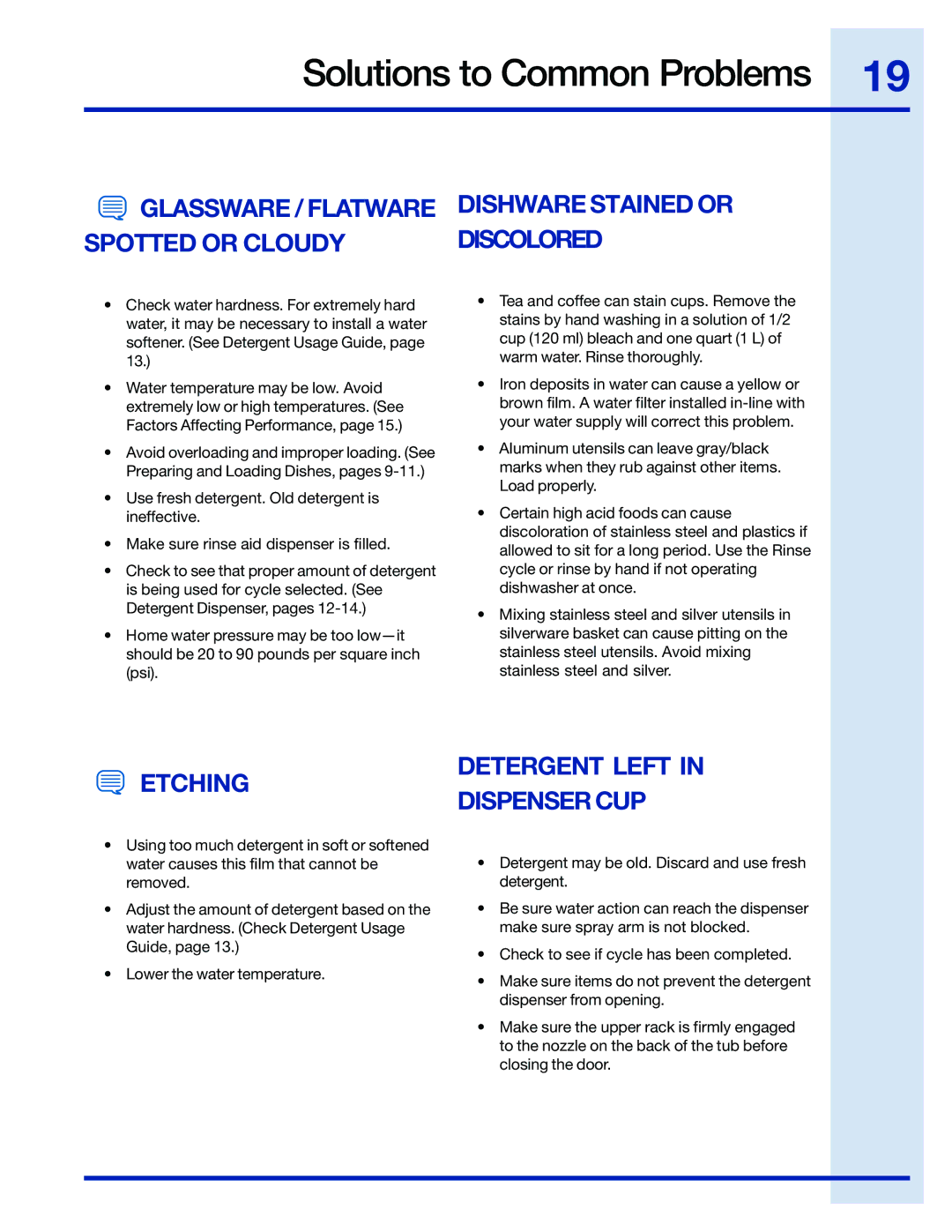 Electrolux 154743901 manual Dishware Stained or Discolored, Etching, Detergent Left Dispenser CUP 