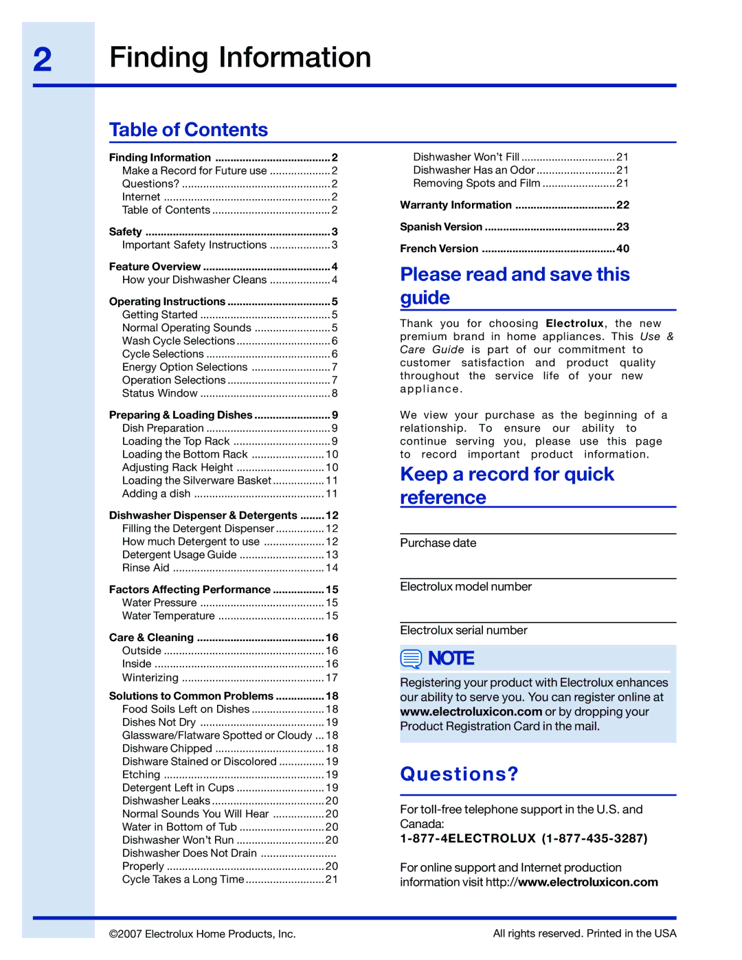 Electrolux 154743901 manual Finding Information, Table of Contents 