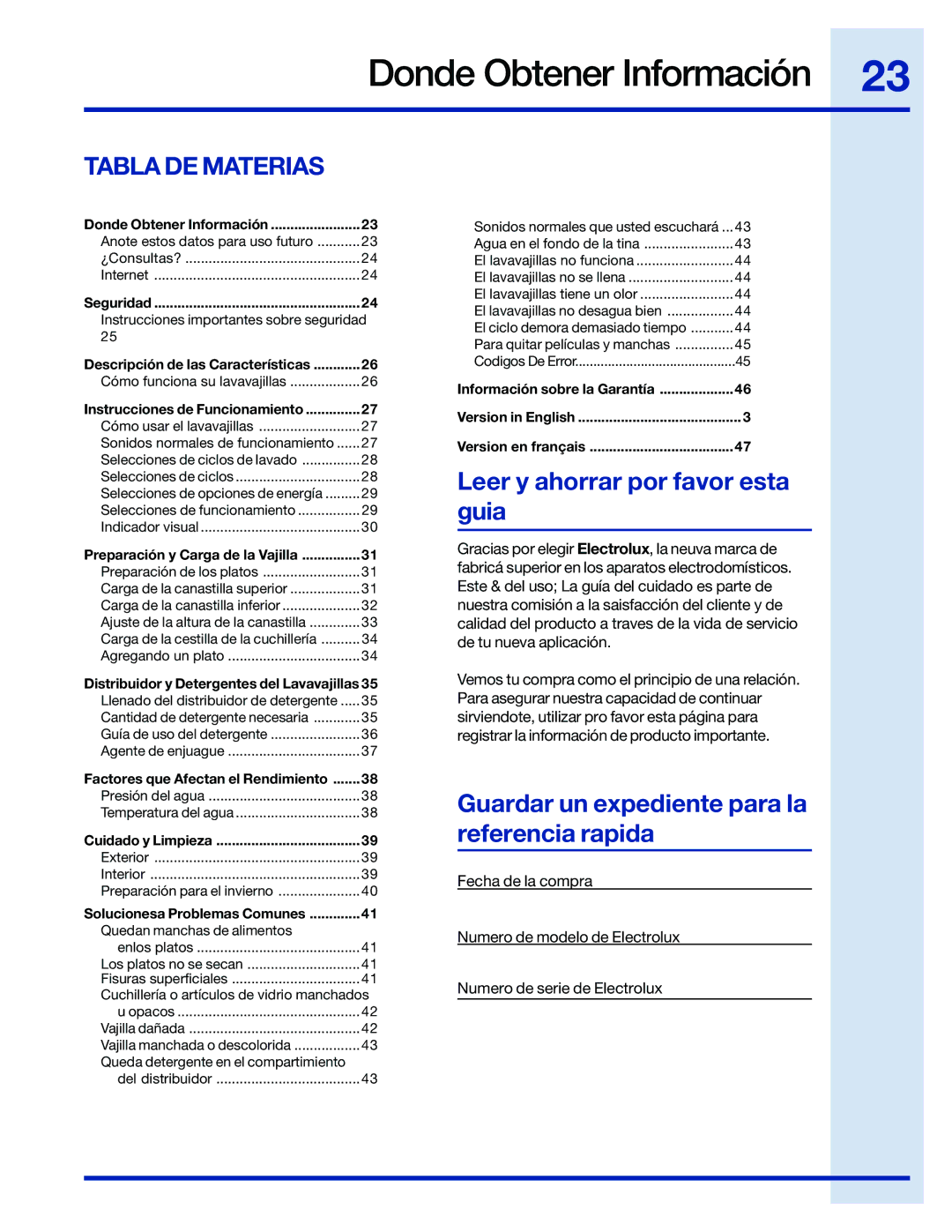 Electrolux 154743901 manual Donde Obtener Información, Tabla DE Materias 