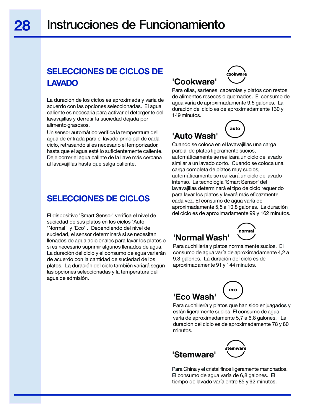 Electrolux 154743901 manual Selecciones DE Ciclos DE Lavado 