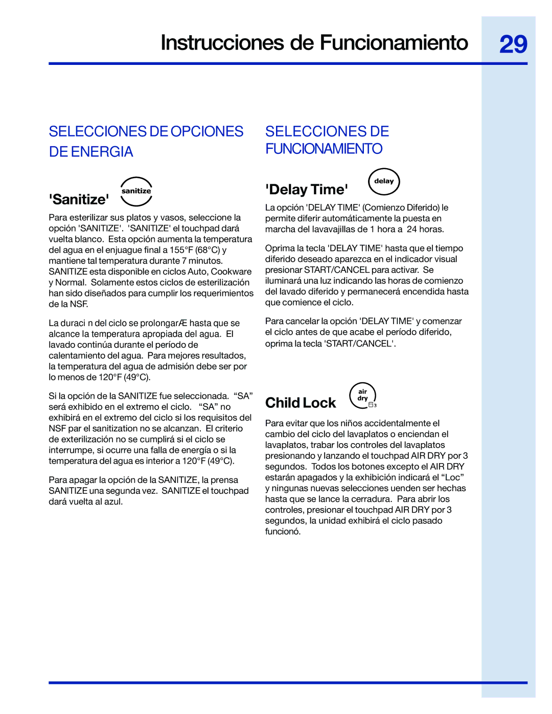 Electrolux 154743901 manual Selecciones DE Opciones DE Energia Funcionamiento, Sanitize, Delay Time, Child Lock 