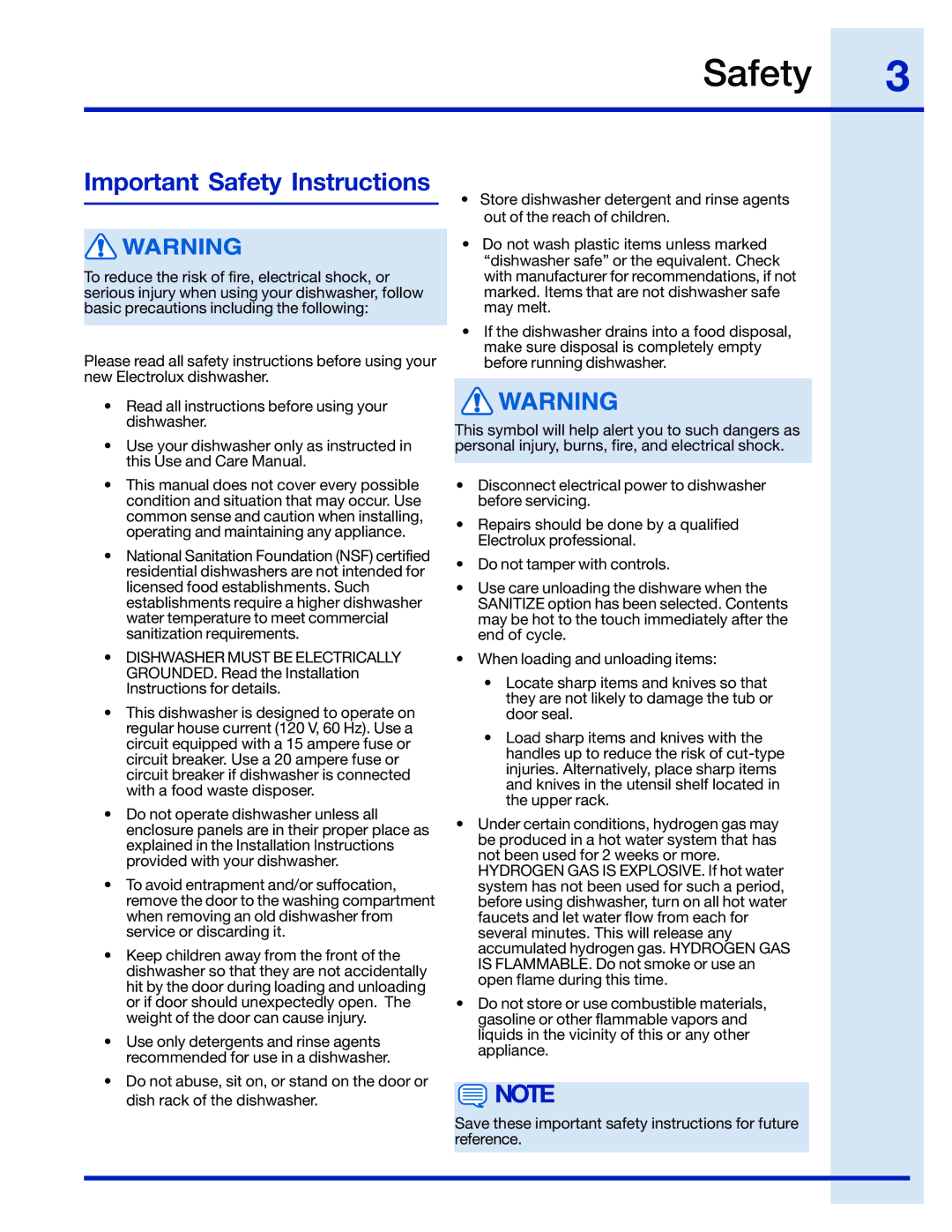 Electrolux 154743901 manual Important Safety Instructions 