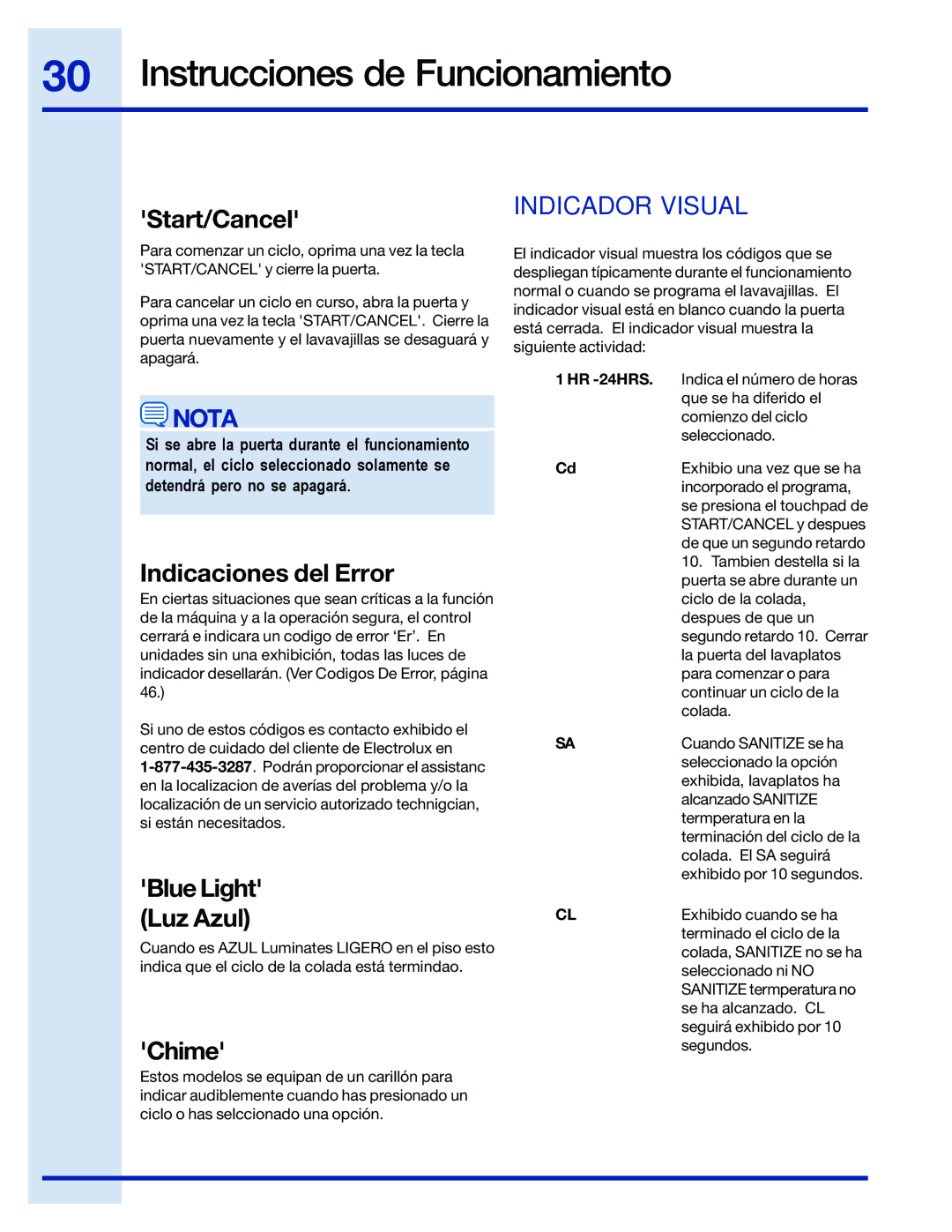 Electrolux 154743901 manual Start/Cancel, Indicaciones del Error, Chime, Indicador Visual 