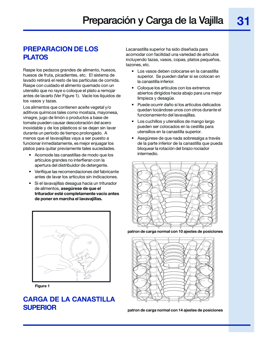 Electrolux 154743901 manual Preparación y Carga de la Vajilla, Preparacion DE LOS Platos, Carga DE LA Canastilla Superior 