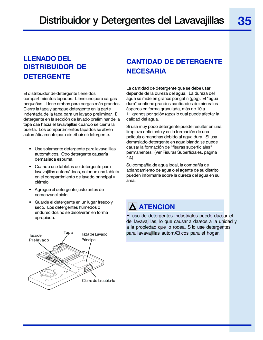 Electrolux 154743901 manual Distribuidor y Detergentes del Lavavajillas, Llenado DEL Distribuidor DE Detergente 