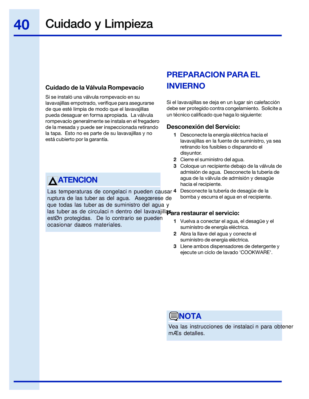 Electrolux 154743901 manual Preparacion Para EL Invierno, Cuidado de la Válvula Rompevacío, Desconexión del Servicio 