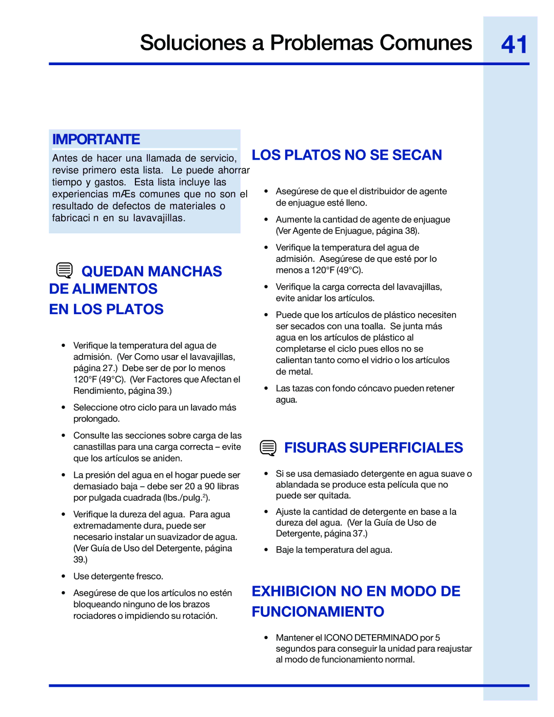 Electrolux 154743901 Soluciones a Problemas Comunes, Quedan Manchas DE Alimentos EN LOS Platos, LOS Platos no SE Secan 