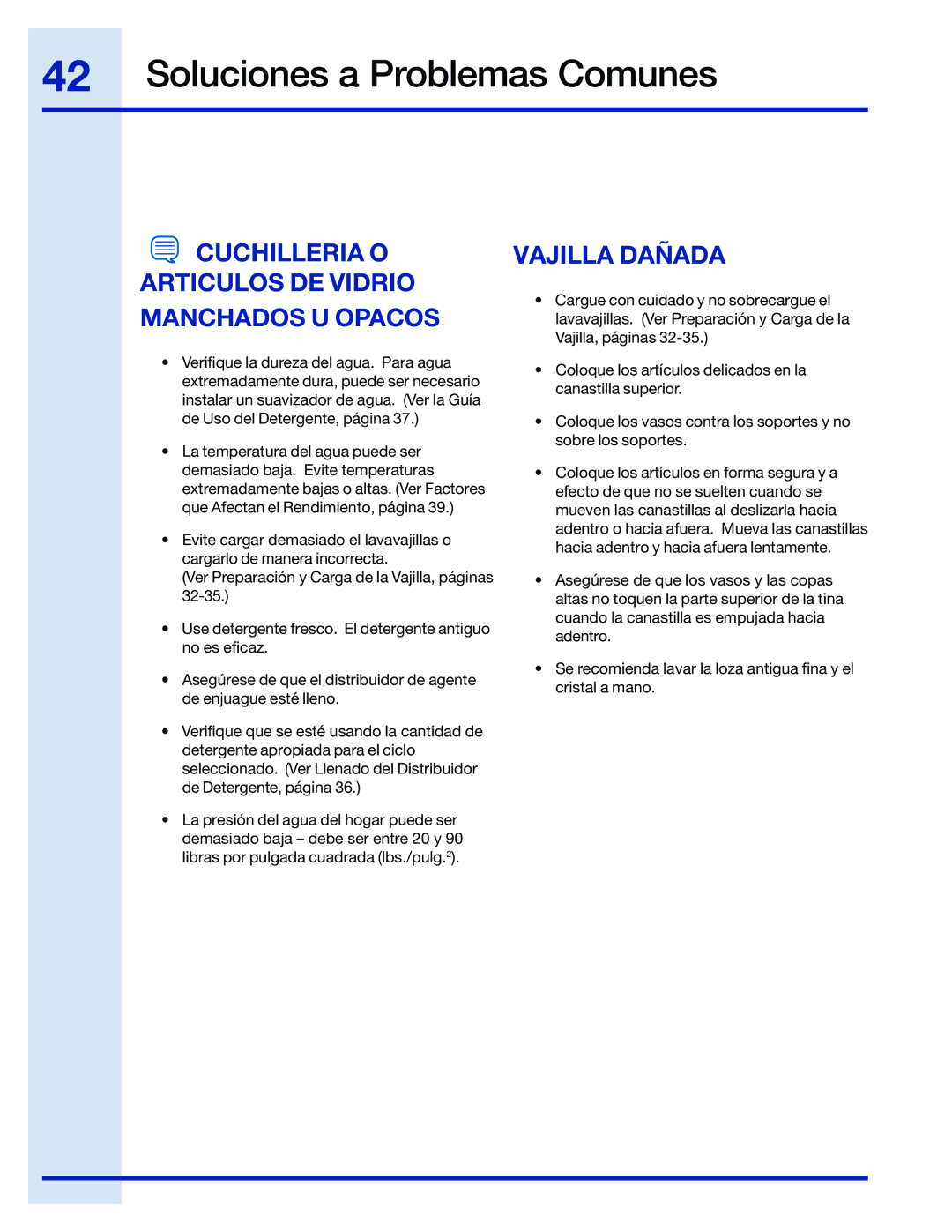 Electrolux 154743901 manual Cuchilleria O Articulos DE Vidrio Manchados U Opacos, Vajilla Dañada 