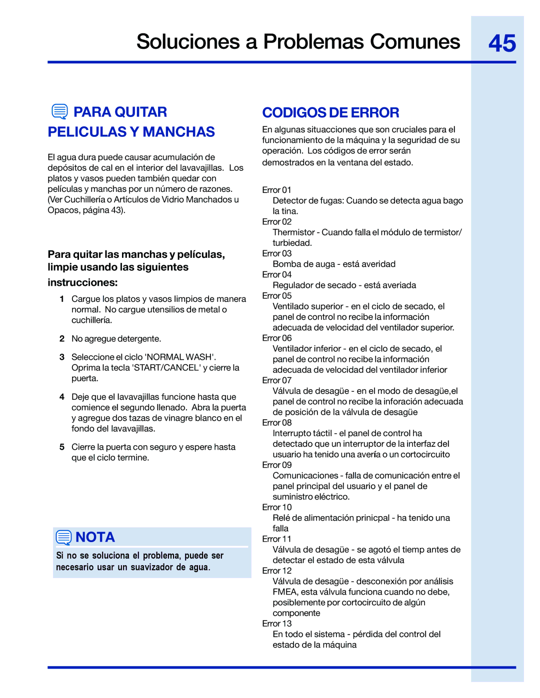 Electrolux 154743901 manual Para Quitar Peliculas Y Manchas, Codigos DE Error 