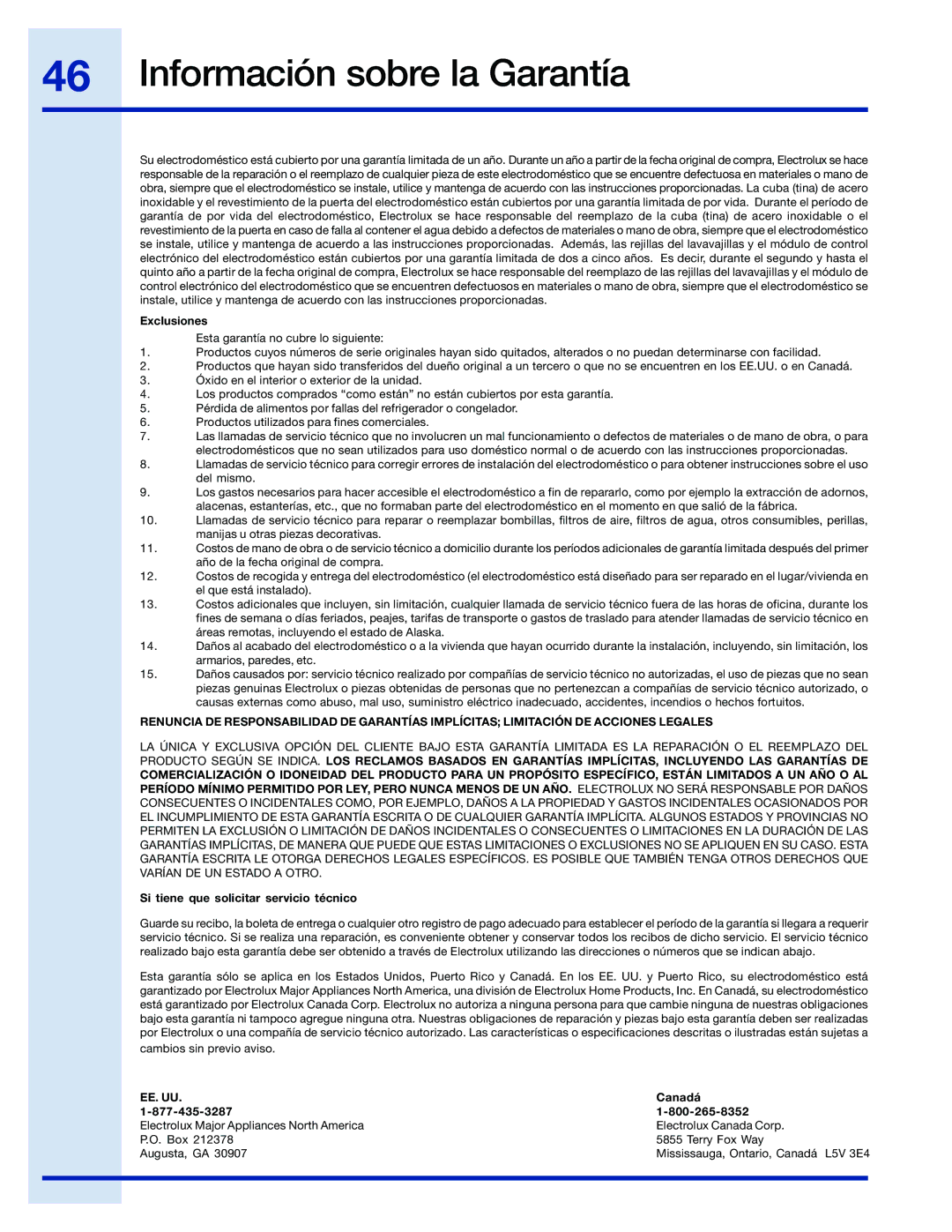 Electrolux 154743901 manual Información sobre la Garantía, Exclusiones 