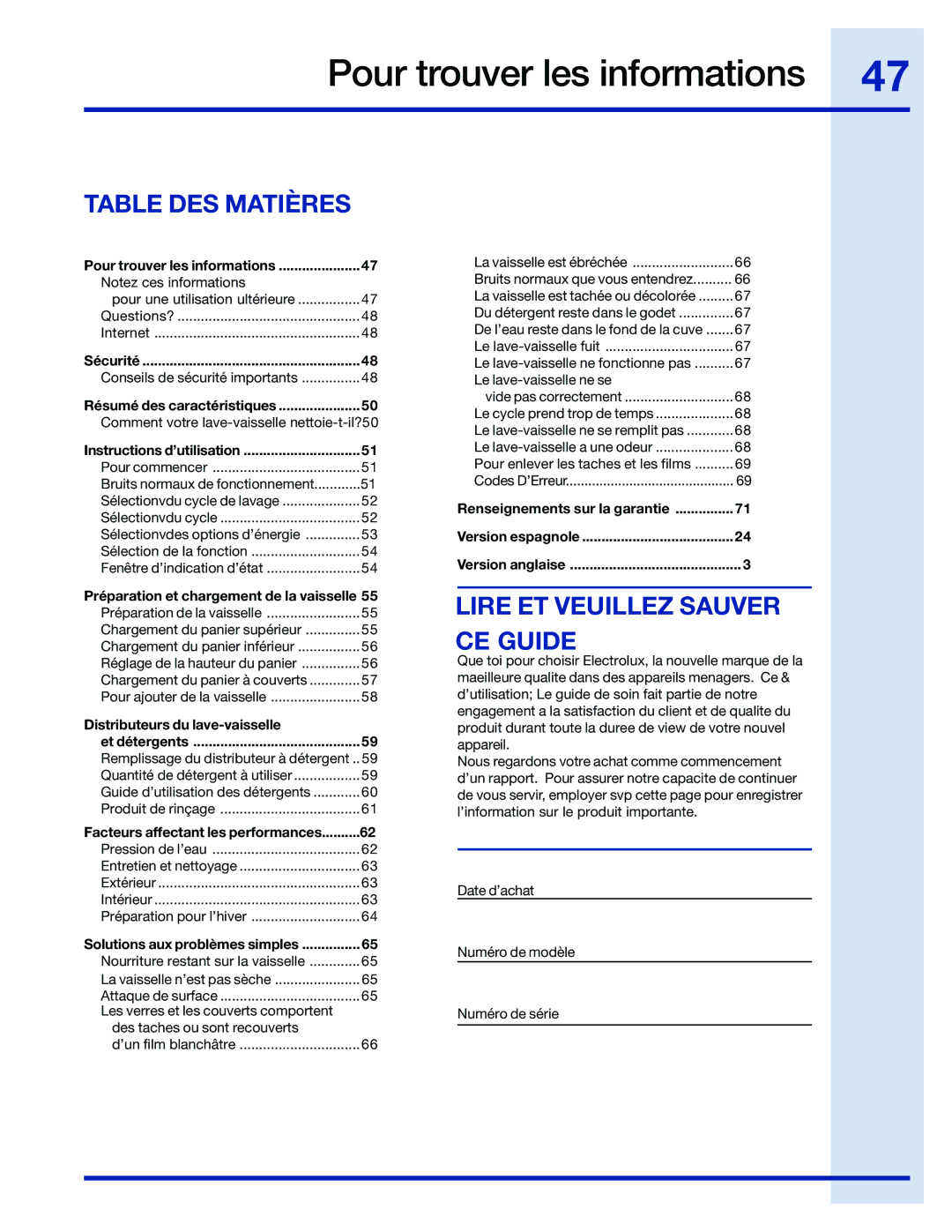 Electrolux 154743901 manual Pour trouver les informations, Table DES Matières, Lire ET Veuillez Sauver CE Guide 