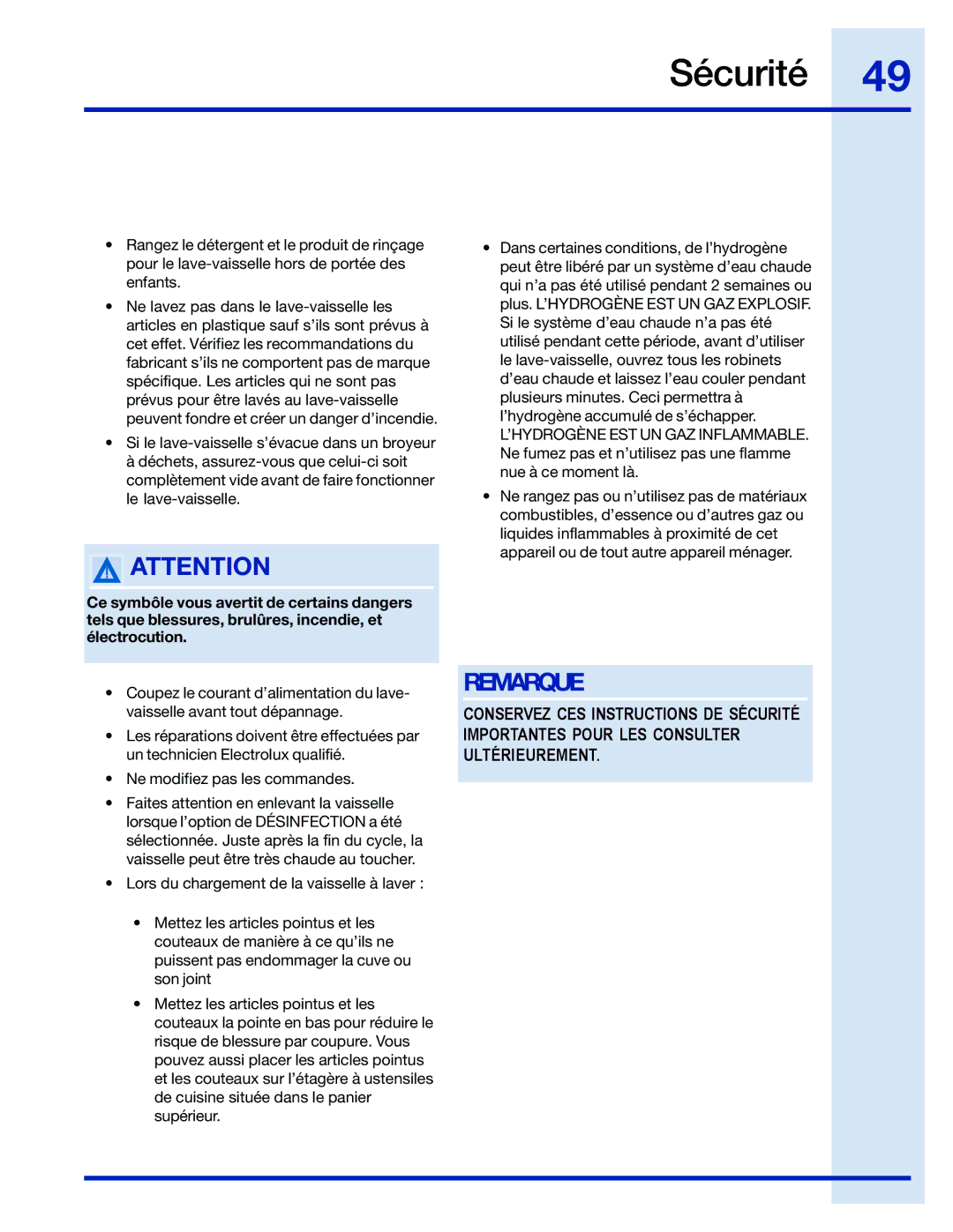 Electrolux 154743901 manual Sécurité 