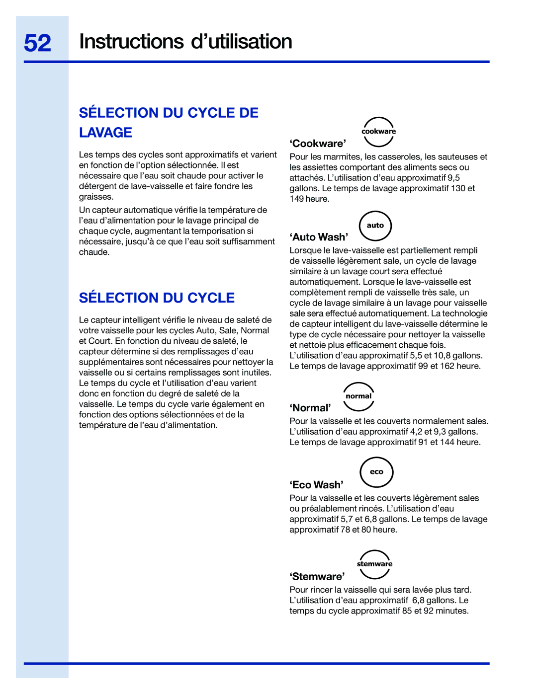 Electrolux 154743901 manual Instructions d’utilisation, Sélection DU Cycle DE Lavage 