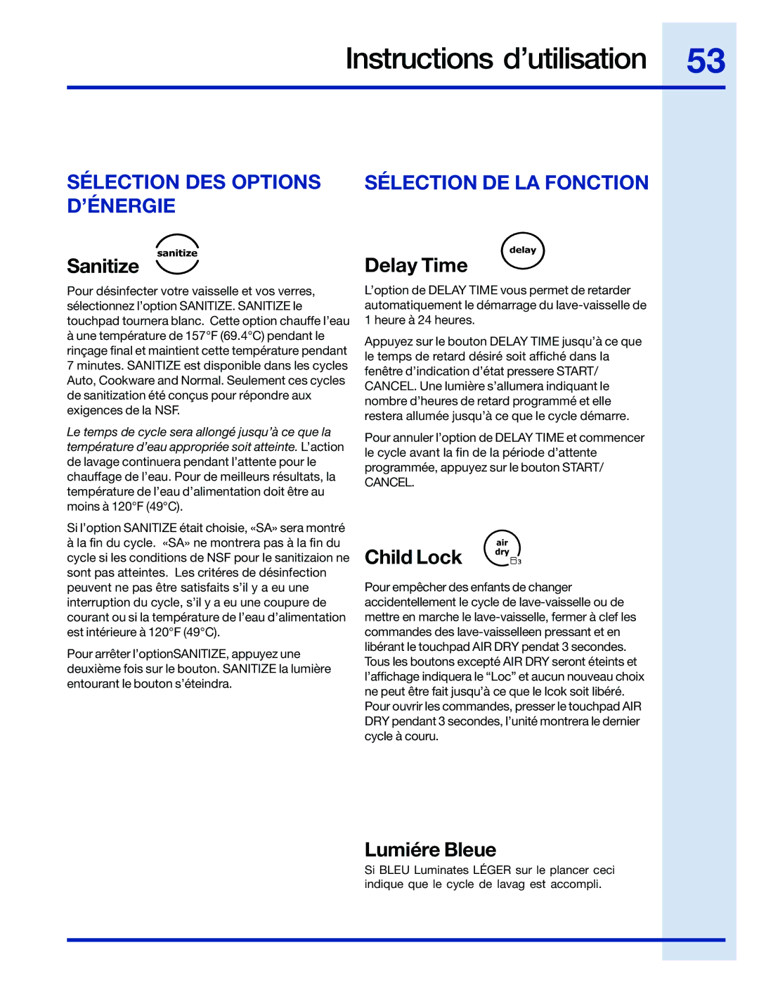 Electrolux 154743901 manual Sélection DES Options D’ÉNERGIE, Sélection DE LA Fonction, Lumiére Bleue 