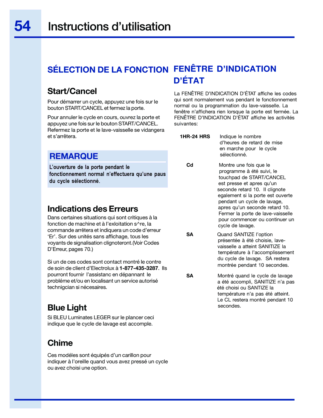 Electrolux 154743901 manual Sélection DE LA Fonction Fenêtre D’INDICATION, Indications des Erreurs, Blue Light, ’État 