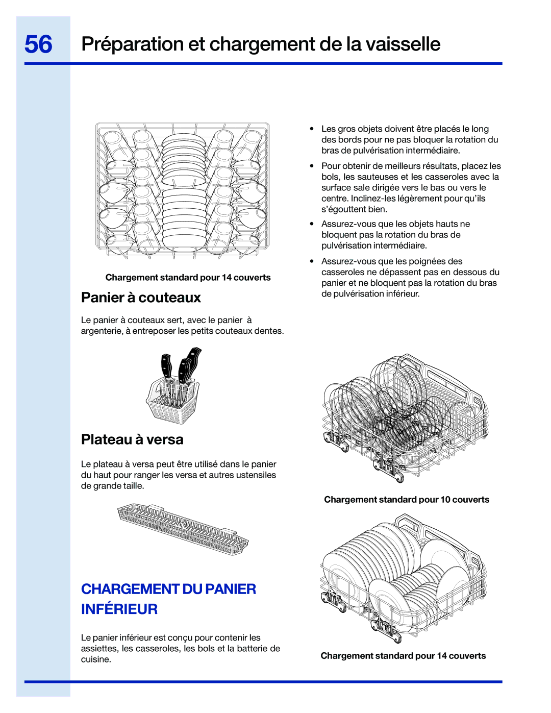 Electrolux 154743901 manual Panier à couteaux, Plateau à versa, Chargement DU Panier Inférieur 