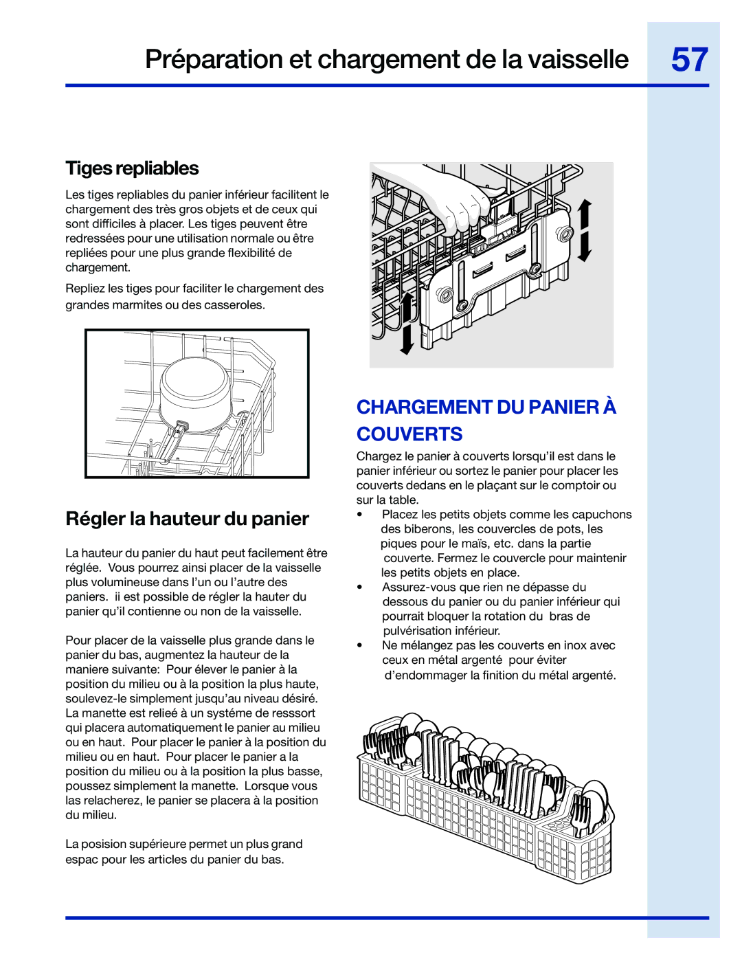 Electrolux 154743901 manual Tiges repliables, Régler la hauteur du panier, Chargement DU Panier À Couverts 