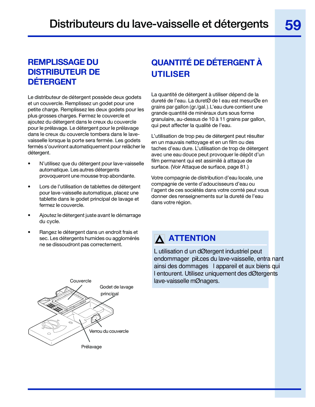 Electrolux 154743901 manual Remplissage DU Distributeur DE Détergent, Quantité DE Détergent À Utiliser 