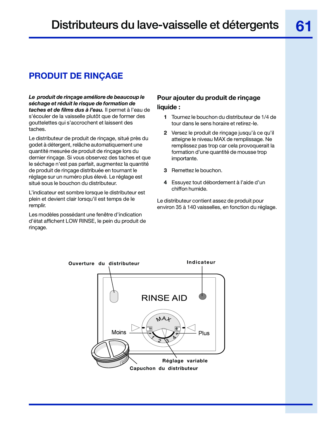 Electrolux 154743901 manual Produit DE Rinçage, Pour ajouter du produit de rinçage Liquide 