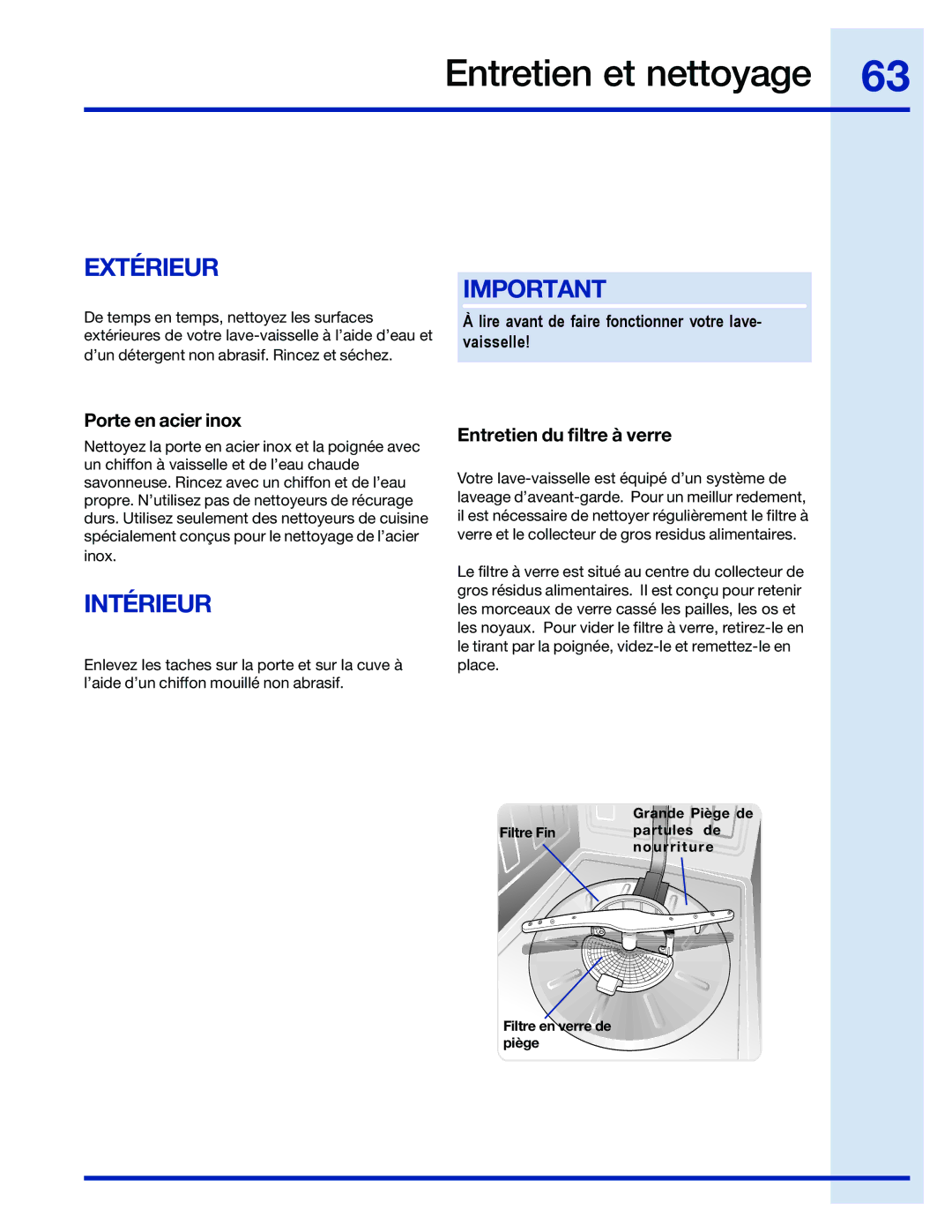 Electrolux 154743901 manual Entretien et nettoyage, Extérieur, Intérieur, Porte en acier inox, Entretien du filtre à verre 