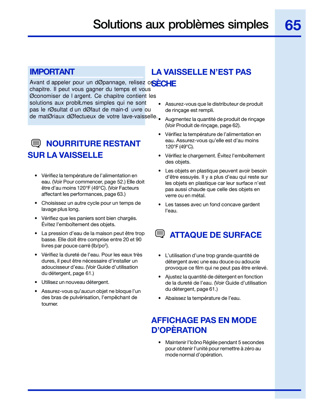 Electrolux 154743901 Solutions aux problèmes simples, Nourriture Restant SUR LA Vaisselle, LA Vaisselle N’EST PAS Sèche 