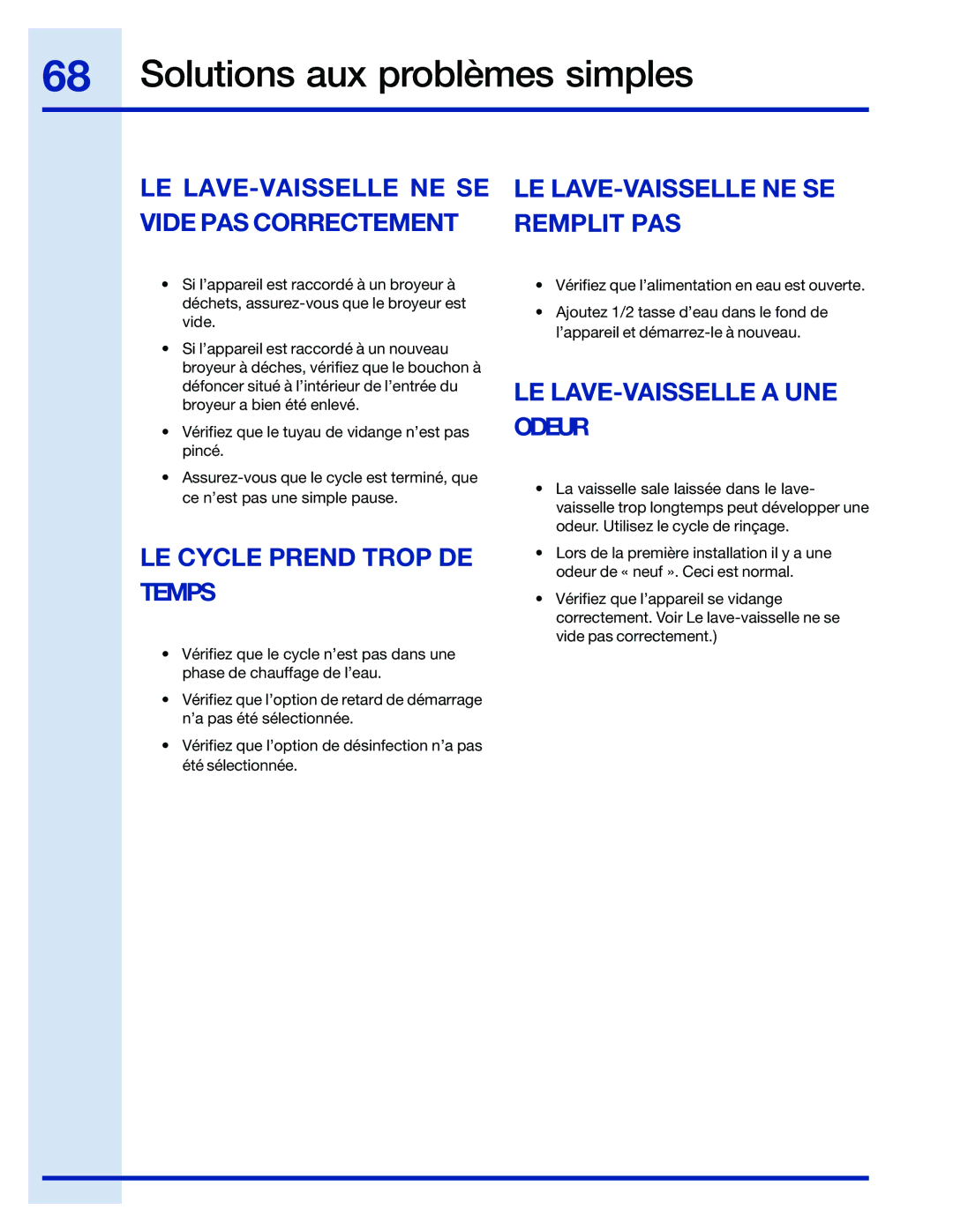 Electrolux 154743901 manual Le Lave-Vaisselle Ne Se, Vide PAS Correctement Remplit PAS, LE LAVE-VAISSELLE a UNE, Odeur 