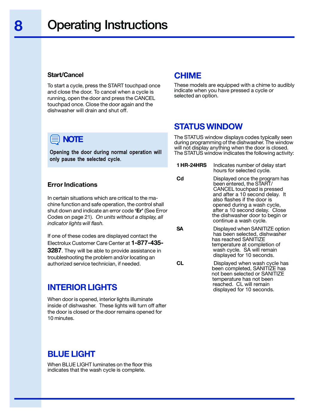 Electrolux 154743901 manual Chime, Interior Lights, Blue Light Status Window, Start/Cancel, Error Indications 