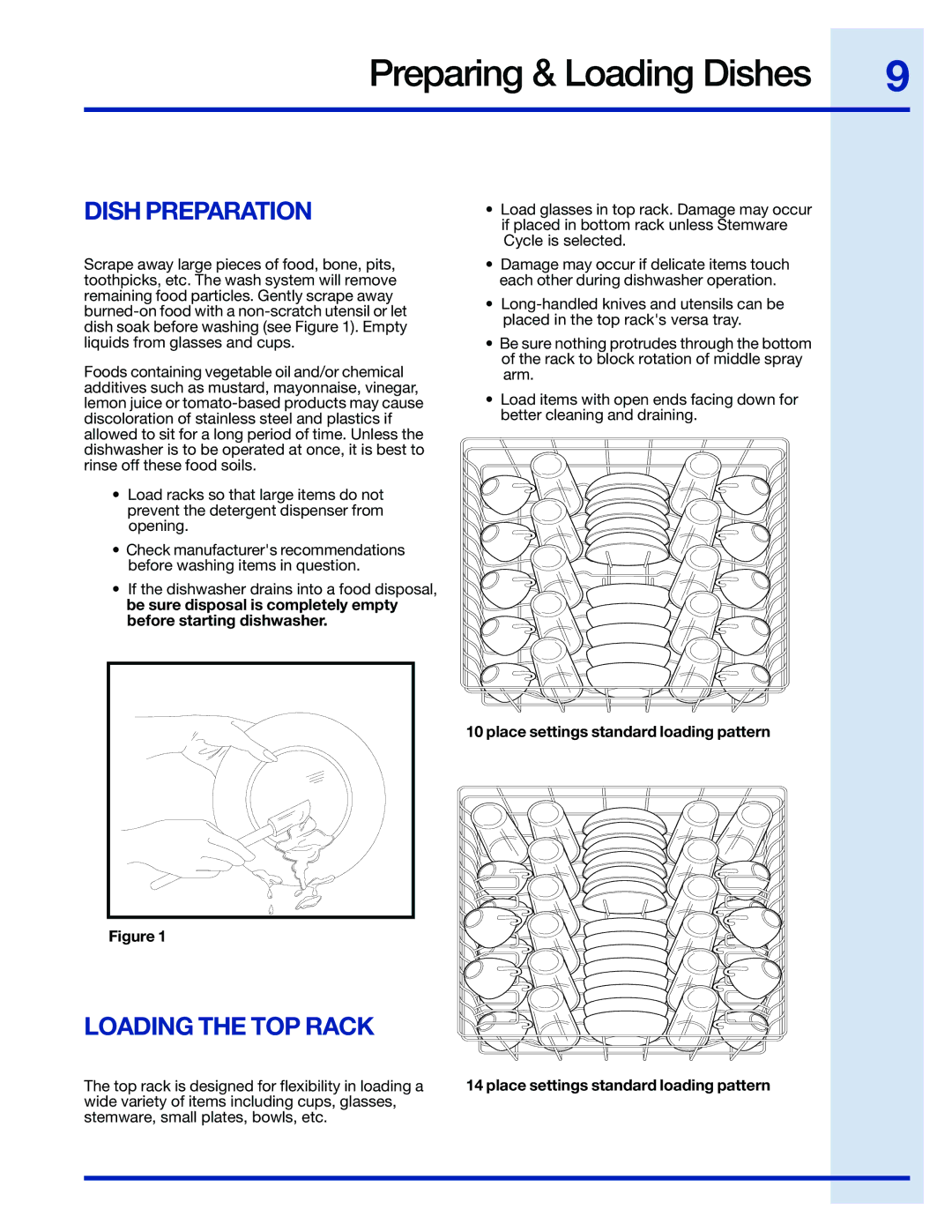 Electrolux 154743901 manual Preparing & Loading Dishes, Dish Preparation, Loading the TOP Rack 