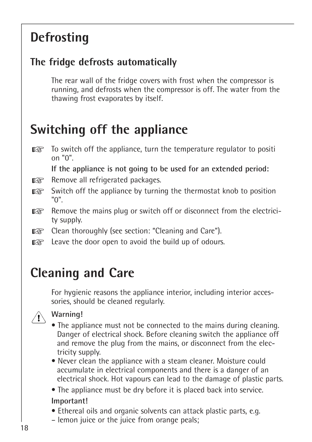 Electrolux 1554-6 iU Defrosting, Switching off the appliance, Cleaning and Care, Fridge defrosts automatically 