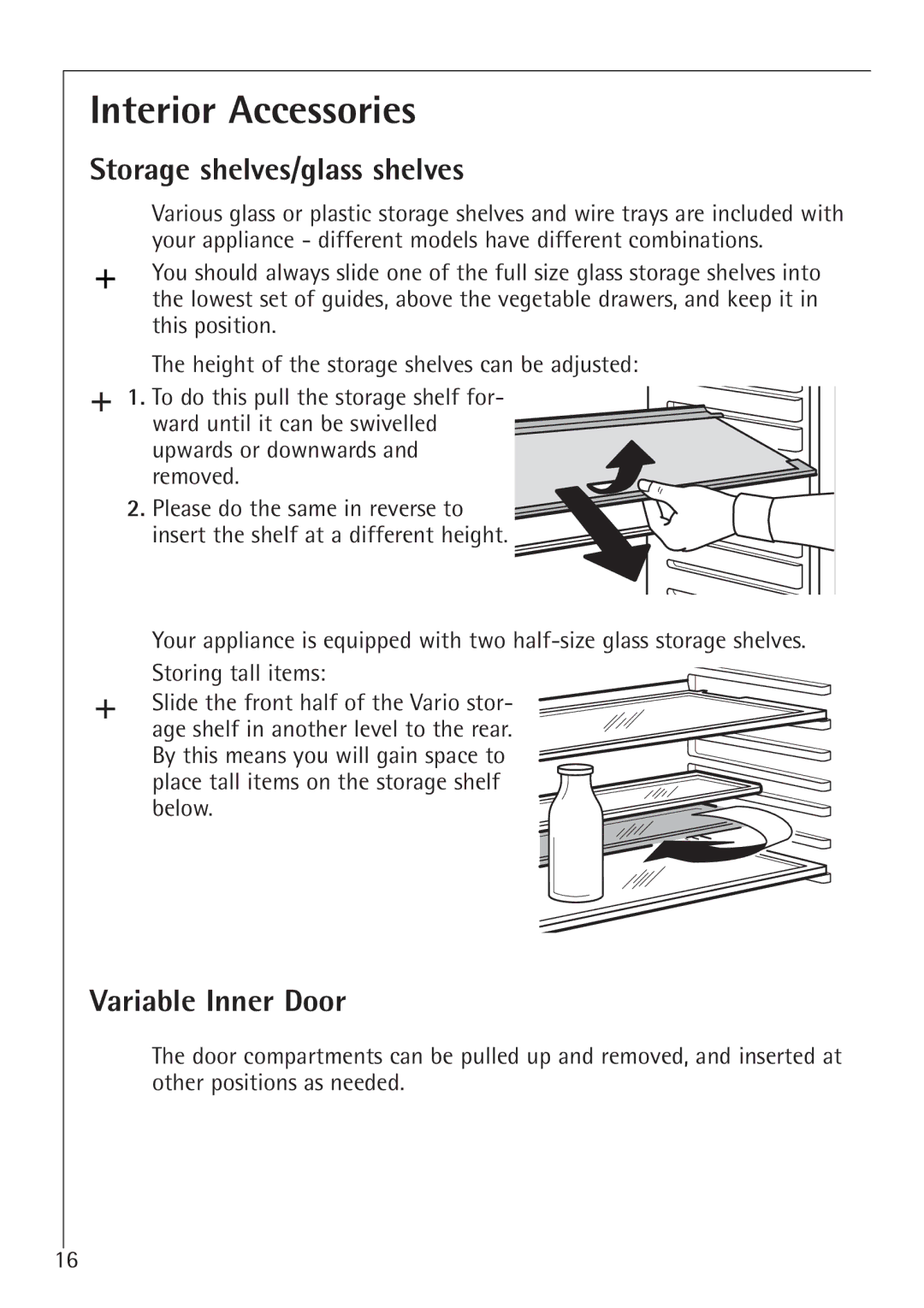 Electrolux 1583-8 TK operating instructions Interior Accessories, Storage shelves/glass shelves, Variable Inner Door 