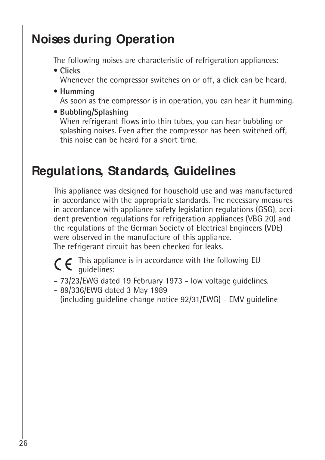 Electrolux 1583-8 TK Noises during Operation, Regulations, Standards, Guidelines, Clicks, Humming, Bubbling/Splashing 