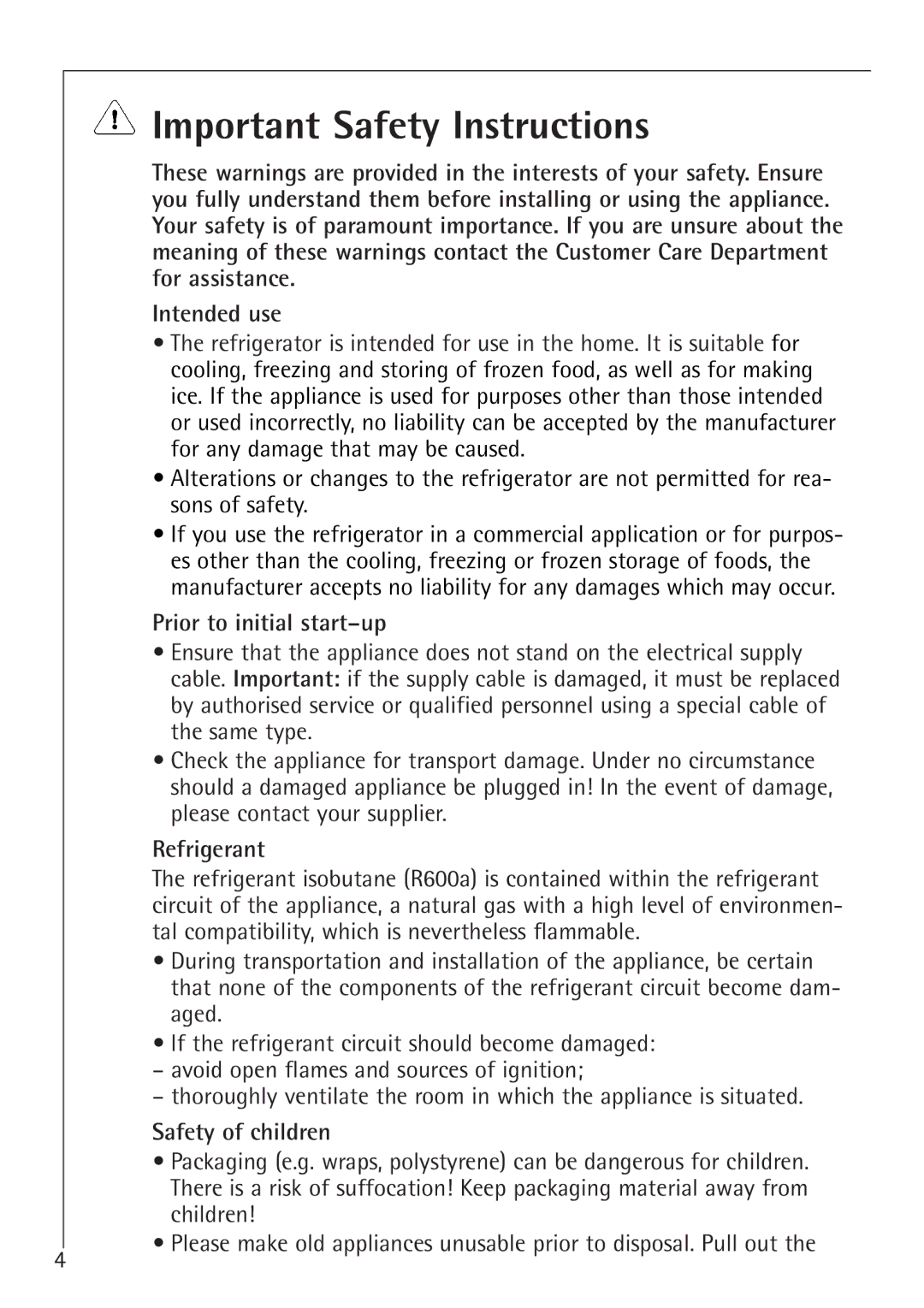 Electrolux 1583-8 TK Important Safety Instructions, Prior to initial start-up, Refrigerant, Safety of children 