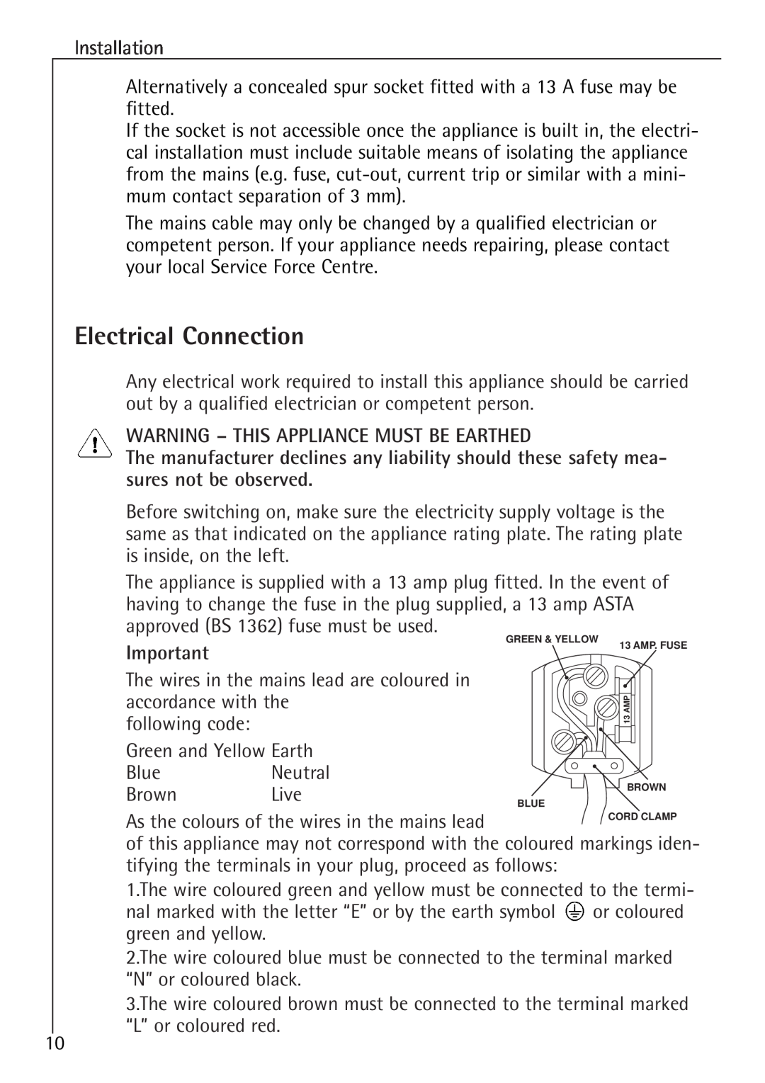Electrolux 1583-8 TK operating instructions Electrical Connection, Warning - This Appliance Must Be Earthed 