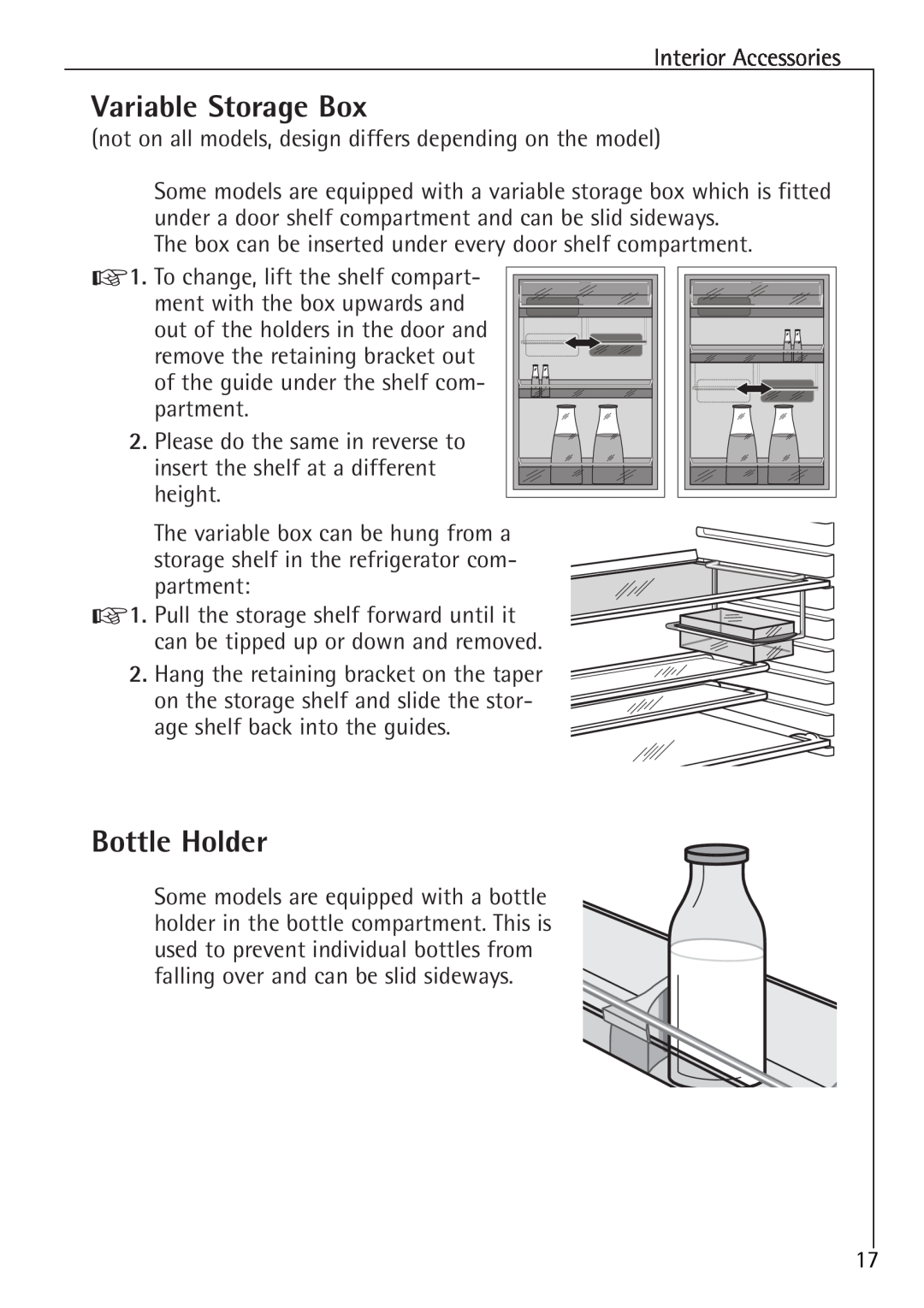 Electrolux 1583-8 TK operating instructions Variable Storage Box, Bottle Holder 