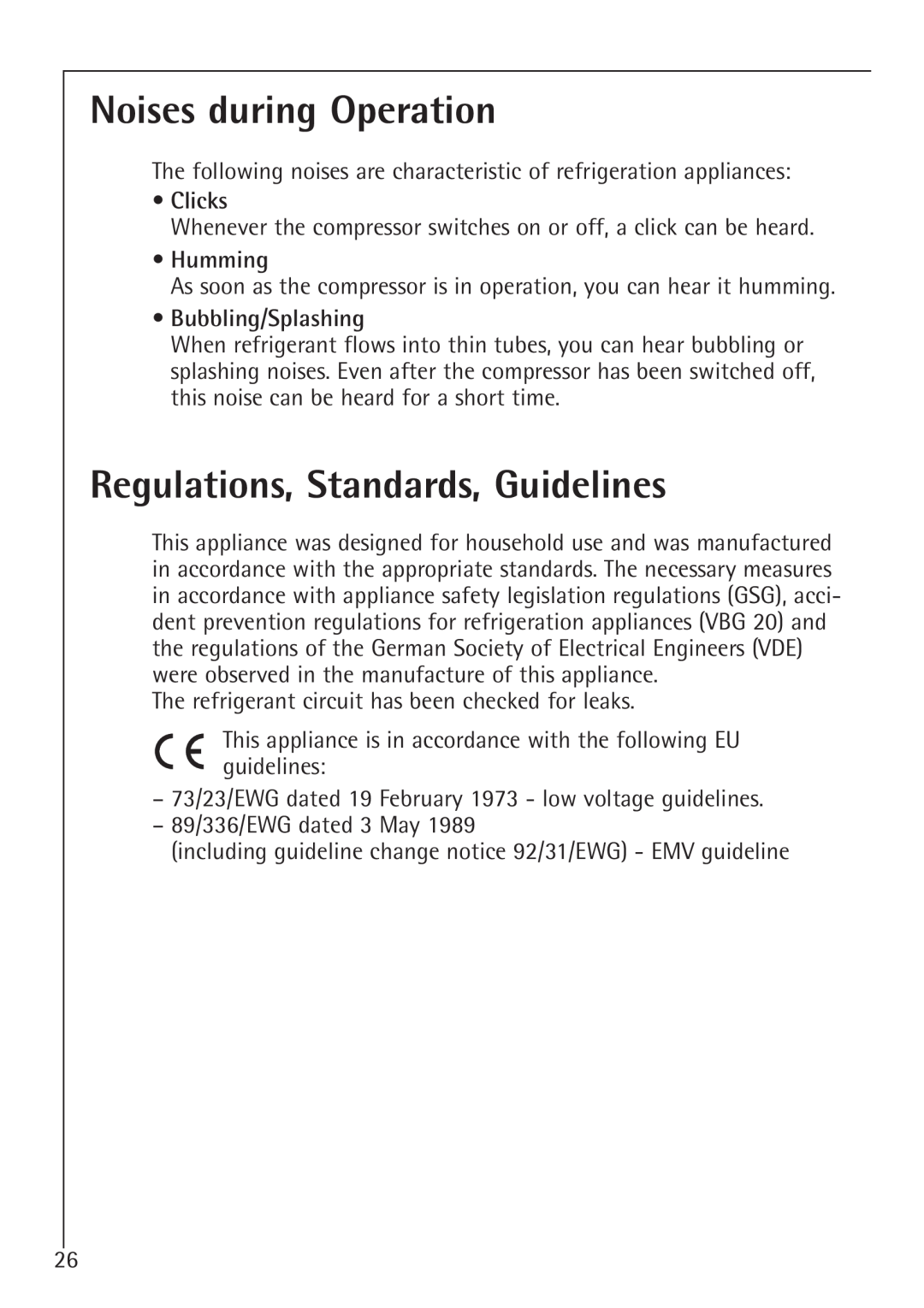 Electrolux 1583-8 TK Noises during Operation, Regulations, Standards, Guidelines, Clicks, Humming, Bubbling/Splashing 