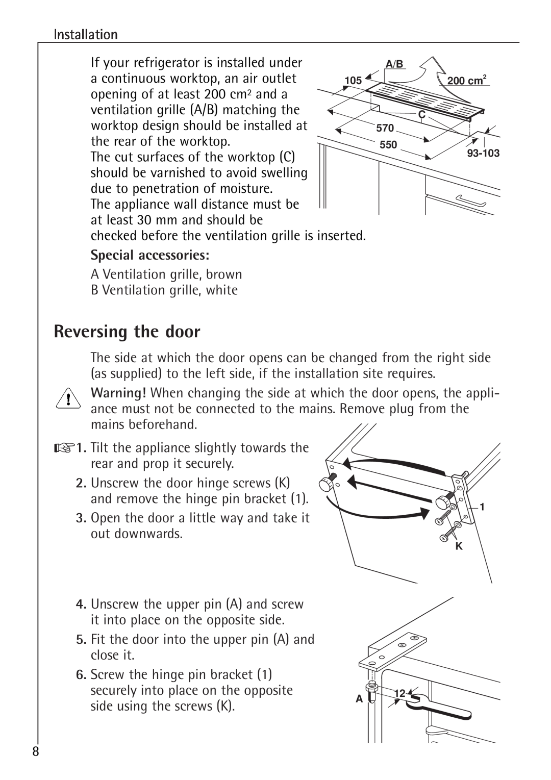 Electrolux 1583-8 TK operating instructions Reversing the door, Special accessories 