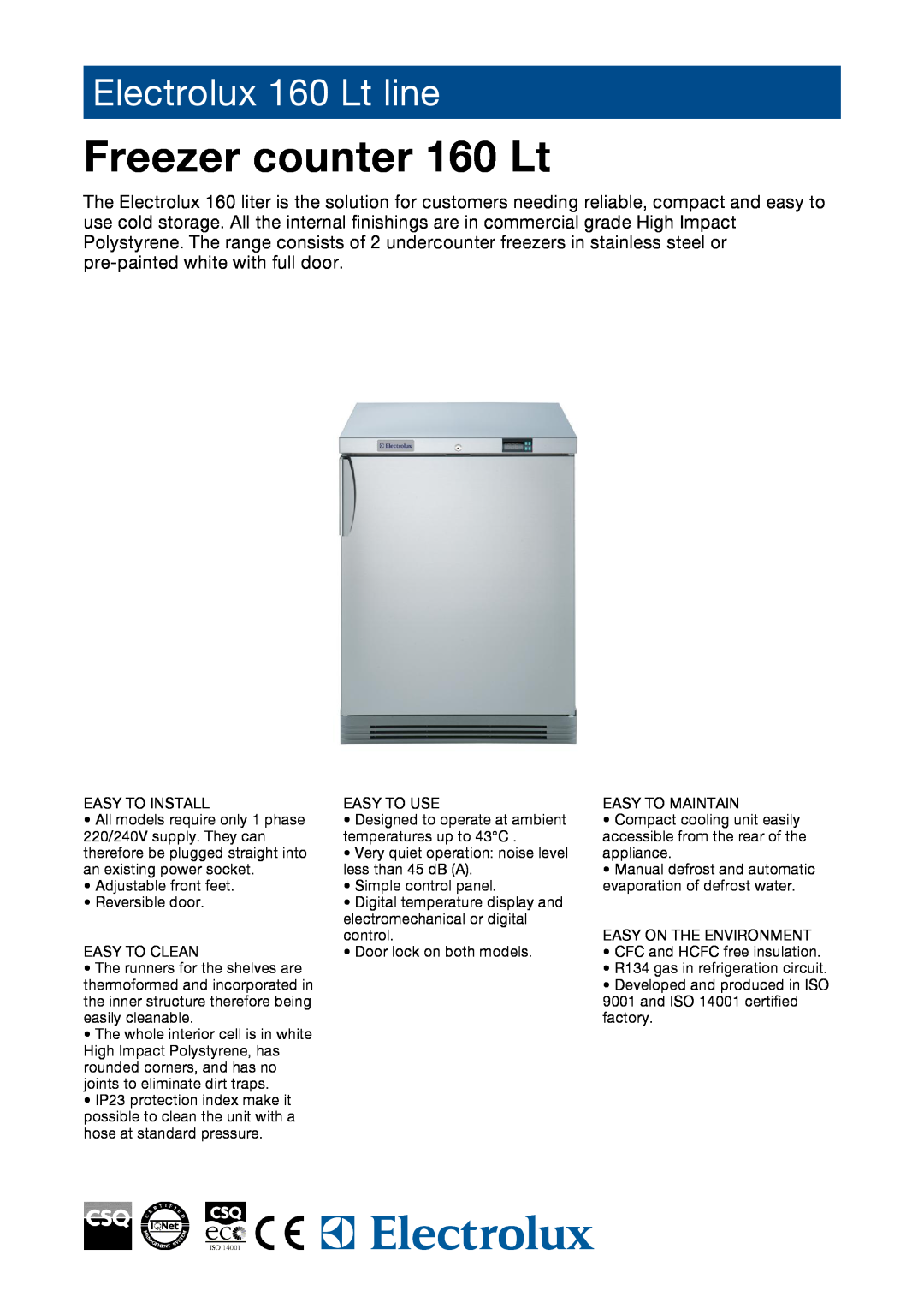 Electrolux 160 LT manual Freezer counter 160 Lt, Electrolux 160 Lt line 