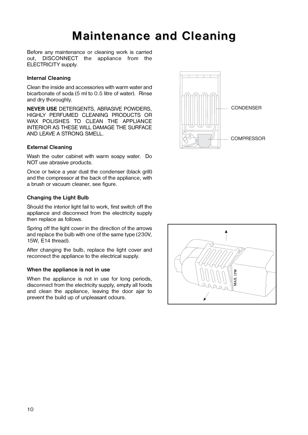 Electrolux 160 RA manual Maintenance and Cleaning, Internal Cleaning, External Cleaning, Changing the Light Bulb 