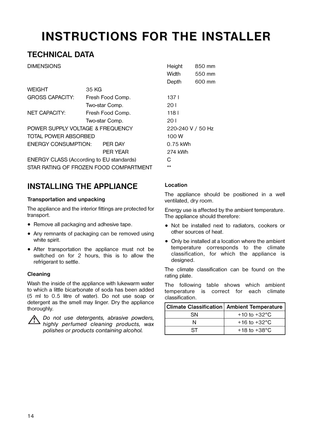 Electrolux 160 RA manual Transportation and unpacking, Cleaning, Location, Climate Classification Ambient Temperature 