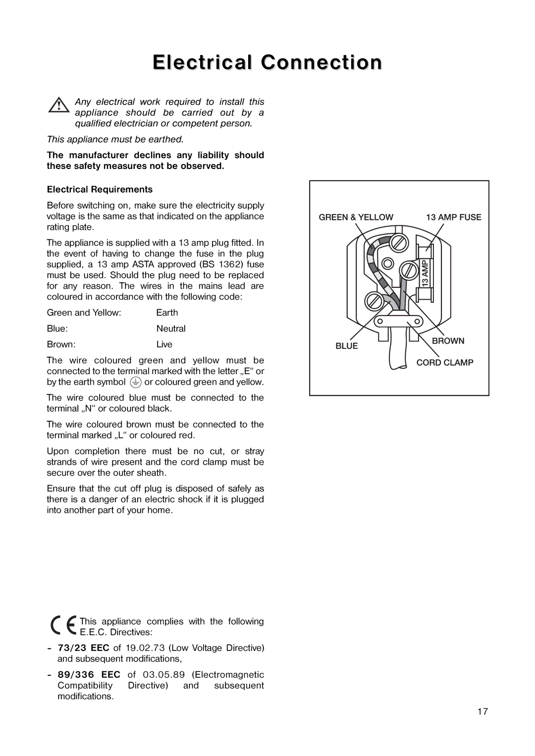 Electrolux 160 RA manual Electrical Connection, Brown Live 