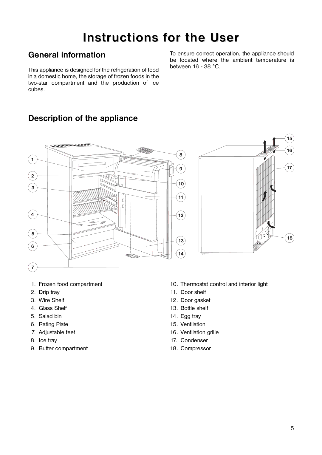 Electrolux 160 RA manual Instructions for the User, General information, Description of the appliance 