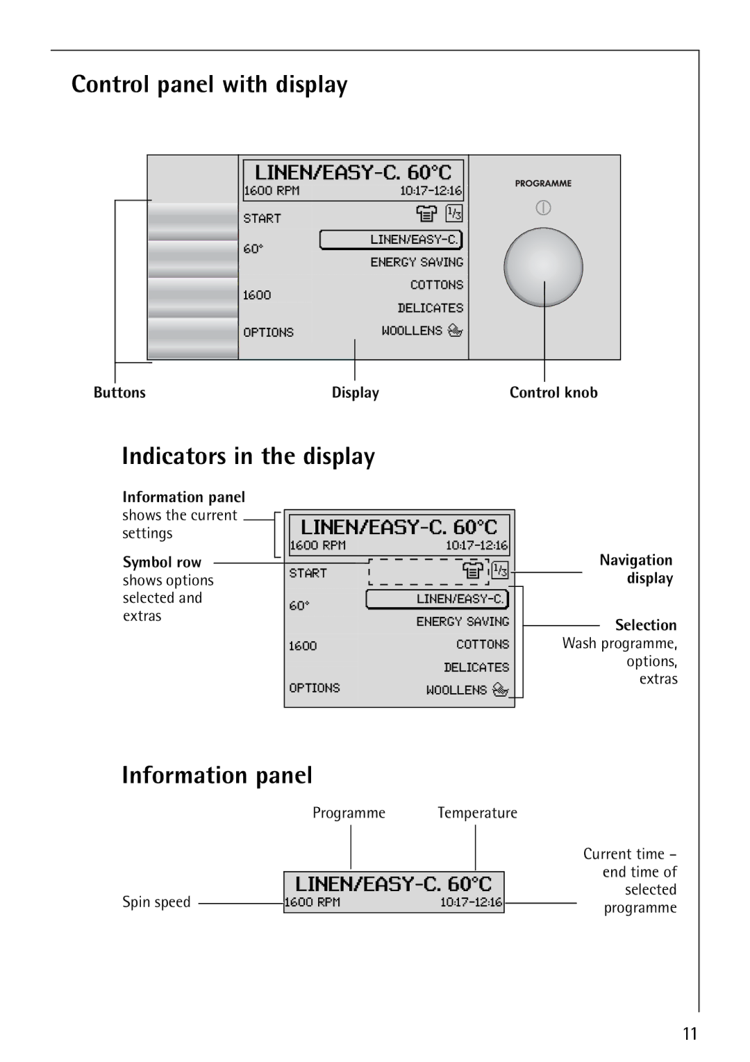 Electrolux 1600 manual Information panel, Control panel with display 