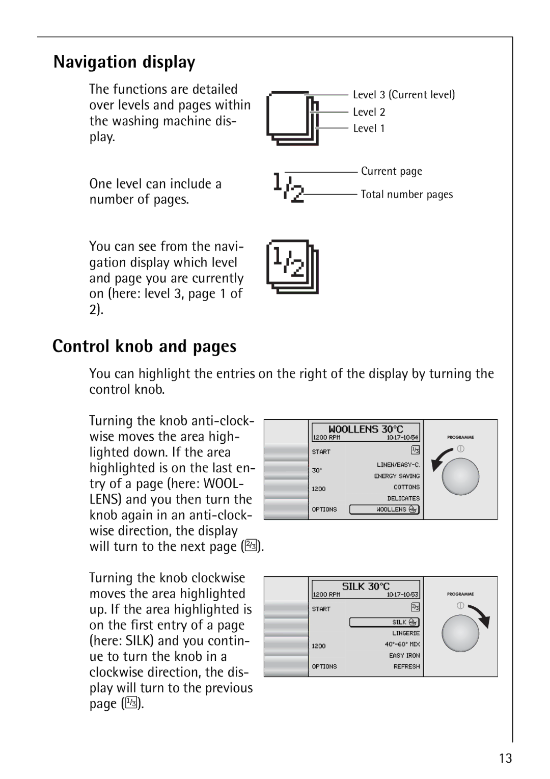 Electrolux 1600 manual Navigation display, Control knob and pages 