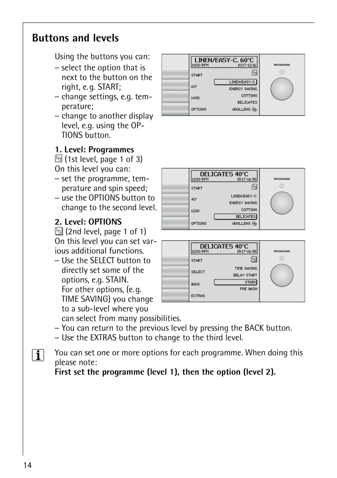 Electrolux 1600 manual Buttons and levels, Level Options, First set the programme level 1, then the option level 