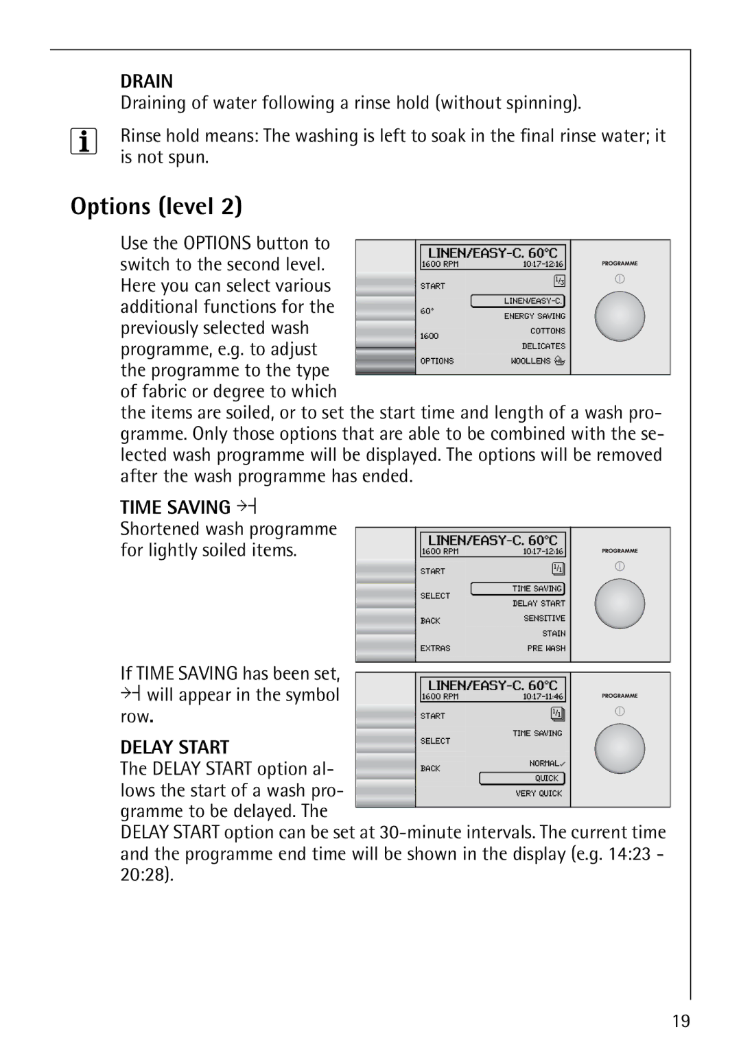 Electrolux 1600 manual Options level 